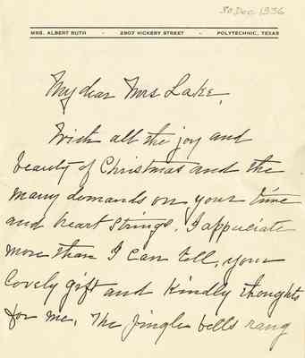 Letter from Mrs. Albert Ruth to Mary Daggett Lake:  December 30, 1936