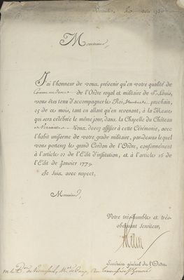 No. 1: Invitation messe St Louis 25 août 1780 à Versailles - 1780/08/20