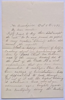 5 October 1892 letter to Rev. Whiting from Miss De Land, his niece